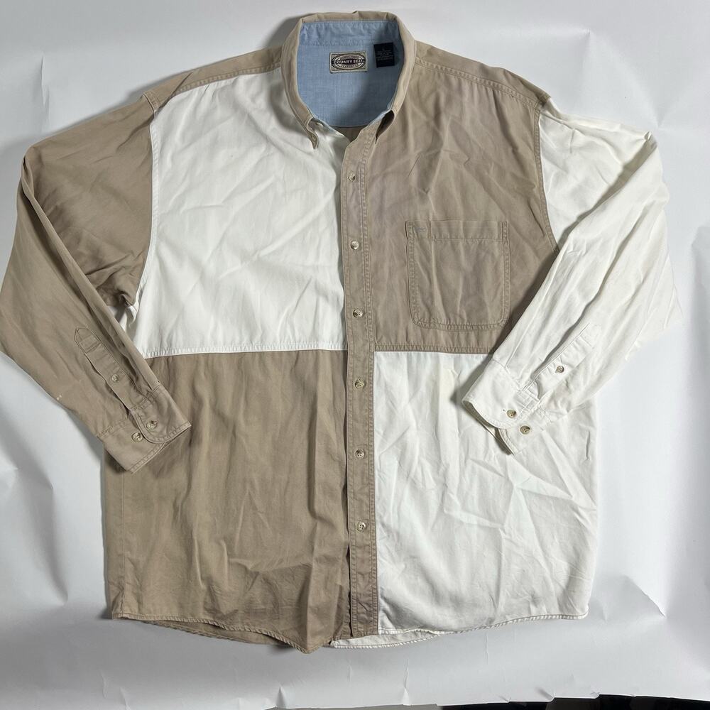 County Seat Men's Beige/White Colorblock Woven Cotton Button-Down LS Pockets‎ L